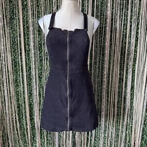 Black Faux Suede Mini Dress with Front Zipper and Adjustable Straps